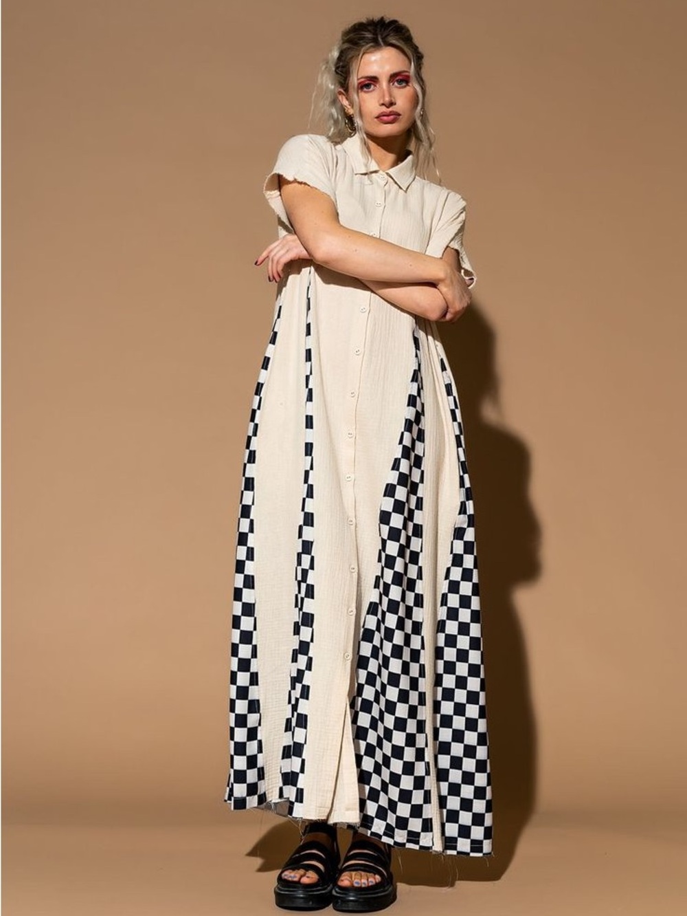 Dressed in LALA California Cool Oversized Maxi Dress in Sand - Small